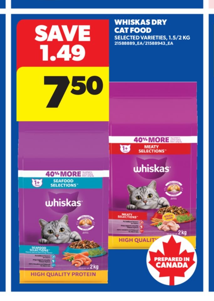 WHISKAS DRY CAT FOOD, 1.5/2 KG
