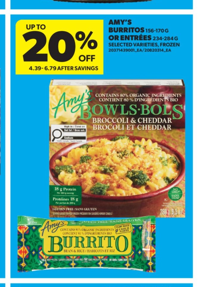 AMY'S BURRITOS 156-170 G OR ENTRÉES 234-284 G