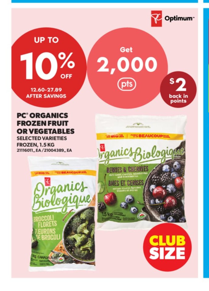PC® ORGANICS FROZEN FRUIT OR VEGETABLES, 1.5 KG
