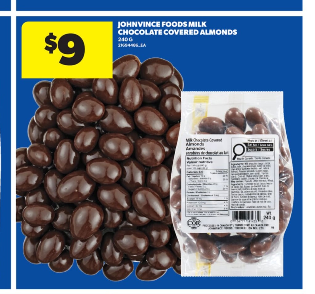JOHN VINCE FOODS MILK CHOCOLATE COVERED ALMONDS, 240 G