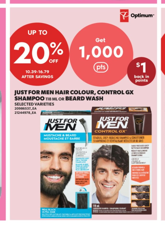 JUST FOR MEN HAIR COLOUR, CONTROL GX SHAMPOO 118 ML OR BEARD WASH