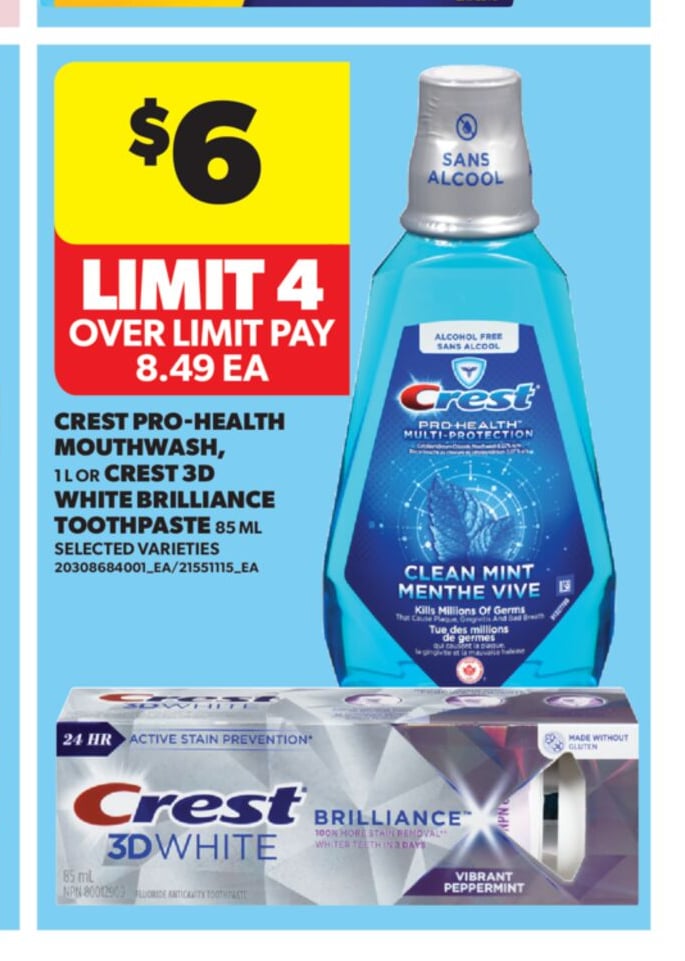 CREST PRO-HEALTH MOUTHWASH, 1 L OR CREST 3D WHITE BRILLIANCE TOOTHPASTE, 85 ML