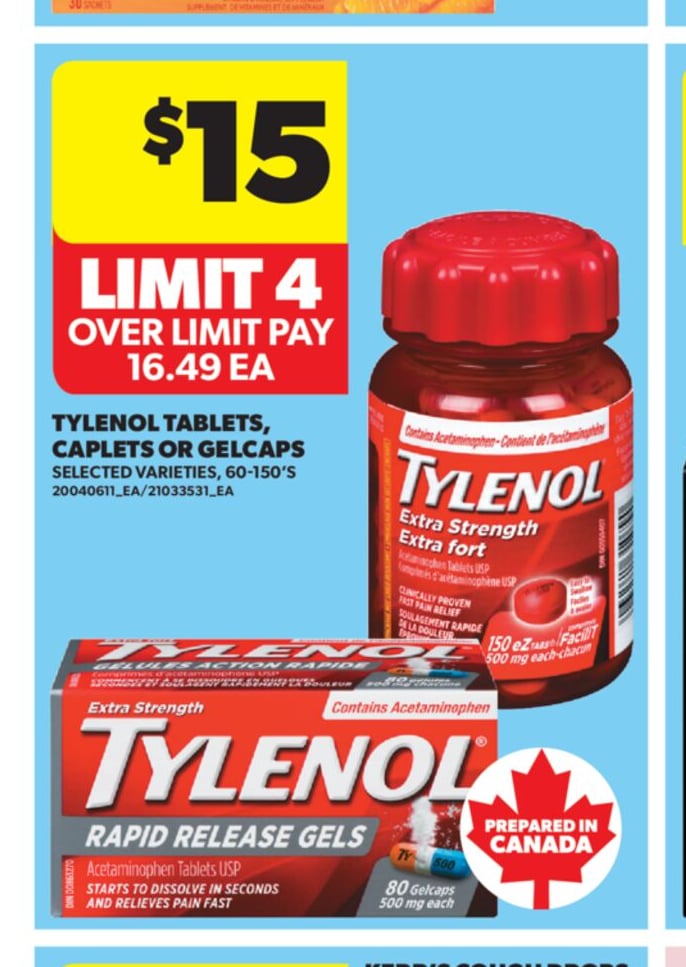 TYLENOL TABLETS, CAPLETS OR GELCAPS, 60-150'S