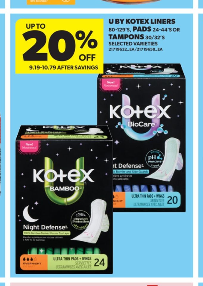 U BY KOTEX LINERS 60-129'S , PADS 24-44'S OR TAMpons 24-32'S