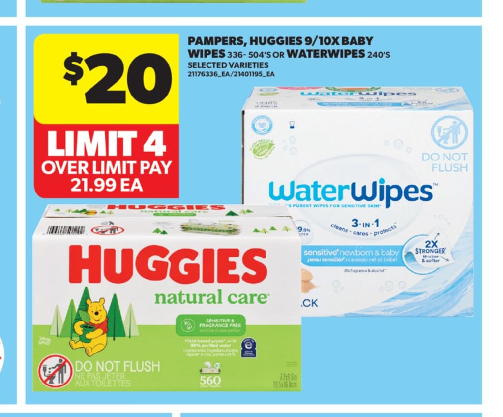 PAMPERS, HUGGIES 9/10X BABY WIPES 336- 504'S OR WATERWIPES 240'S