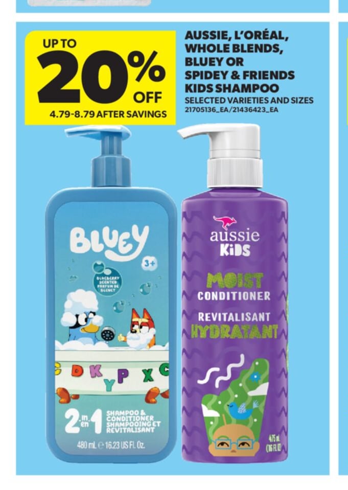 AUSSIE, L'OREAL WHOLE BLENDS, BLUEY OR SPIDEY & FRIENDS KIDS SHAMPOO