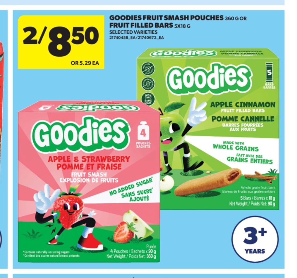 GOODIES FRUIT SMASH POUCHES 360 G OR FRUIT FILLED BARS 5X18 G
