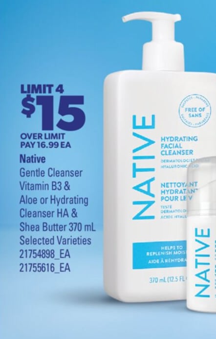 NATIVE GENTLE CLEANSER VITAMIN B3 & ALOE OR HYDRATING CLEANSER HA & SHEA BUTTER, 370 ML