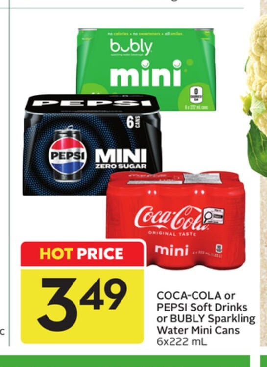 COCA-COLA or PEPSI Soft Drinks or BUBLY Sparkling Water Mini Cans