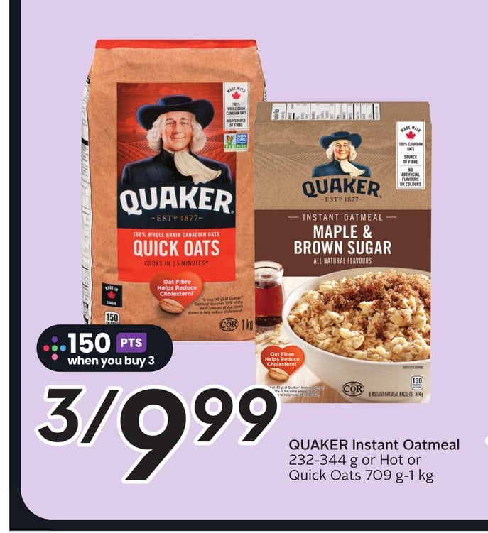 Instant Oatmeal 232-344 g or Hot or Quick Oats 709 g