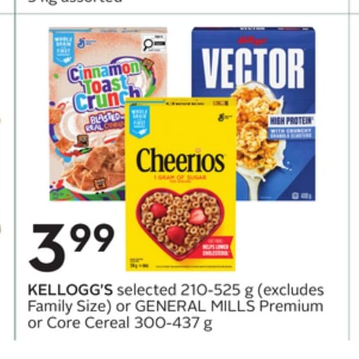 KELLOGG'S selected 210-525 g or GENERAL MILLS Premium or Core Cereal 300-437 g