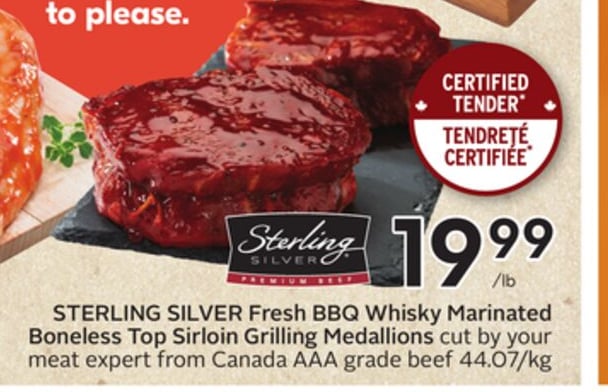 STERLING SILVER Fresh BBQ Whisky Marinated Boneless Top Sirloin Grilling Medallions