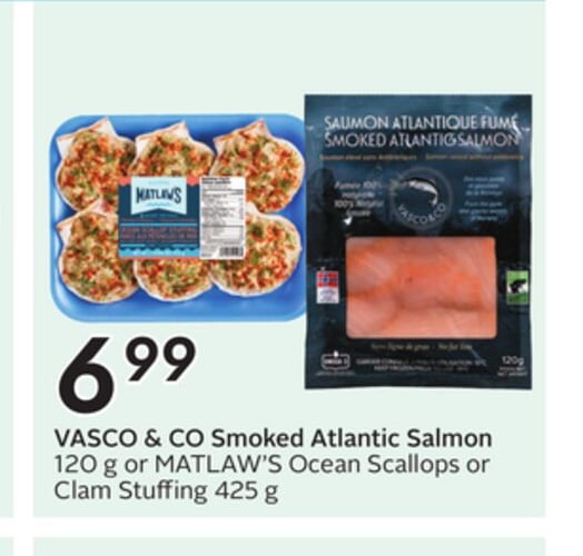 VASCO & CO Smoked Atlantic Salmon 120 g or MATLAW'S Ocean Scallops or Clam Stuffing 425 g