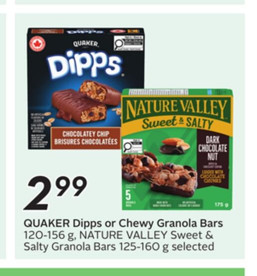 QUAKER Dipps or Chewy Granola Bars 120-156 g, NATURE VALLEY Sweet & Salty Granola Bars 125-160 g