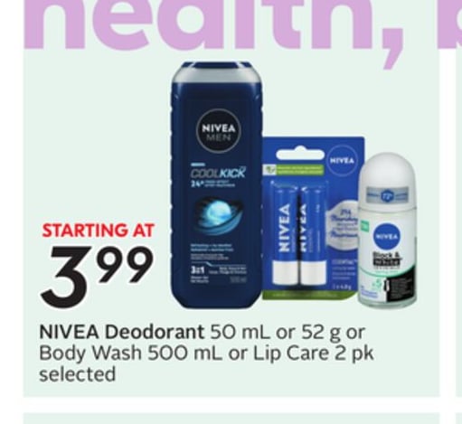 NIVEA Deodorant 50 mL or 52 g or Body Wash 500 mL or Lip Care 2 pk