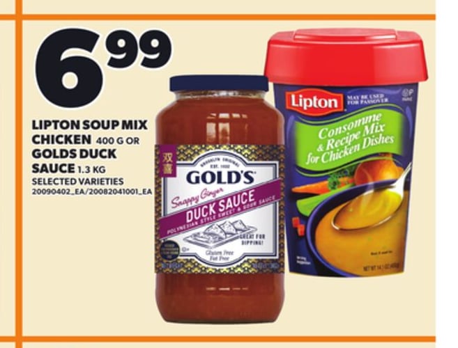 LIPTON SOUP MIX CHICKEN, 400 G OR GOLDS DUCK SAUCE, 1.3 KG