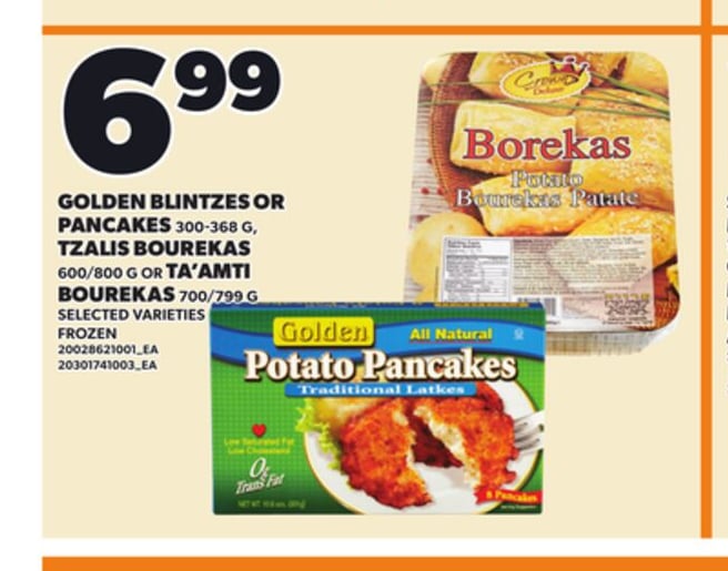 GOLDEN BLINTZES OR PANCAKES, 300-368 G, TZALIS BOUREKAS, 600/800 G OR TA'AMTI BOUREKAS, 700/799 G